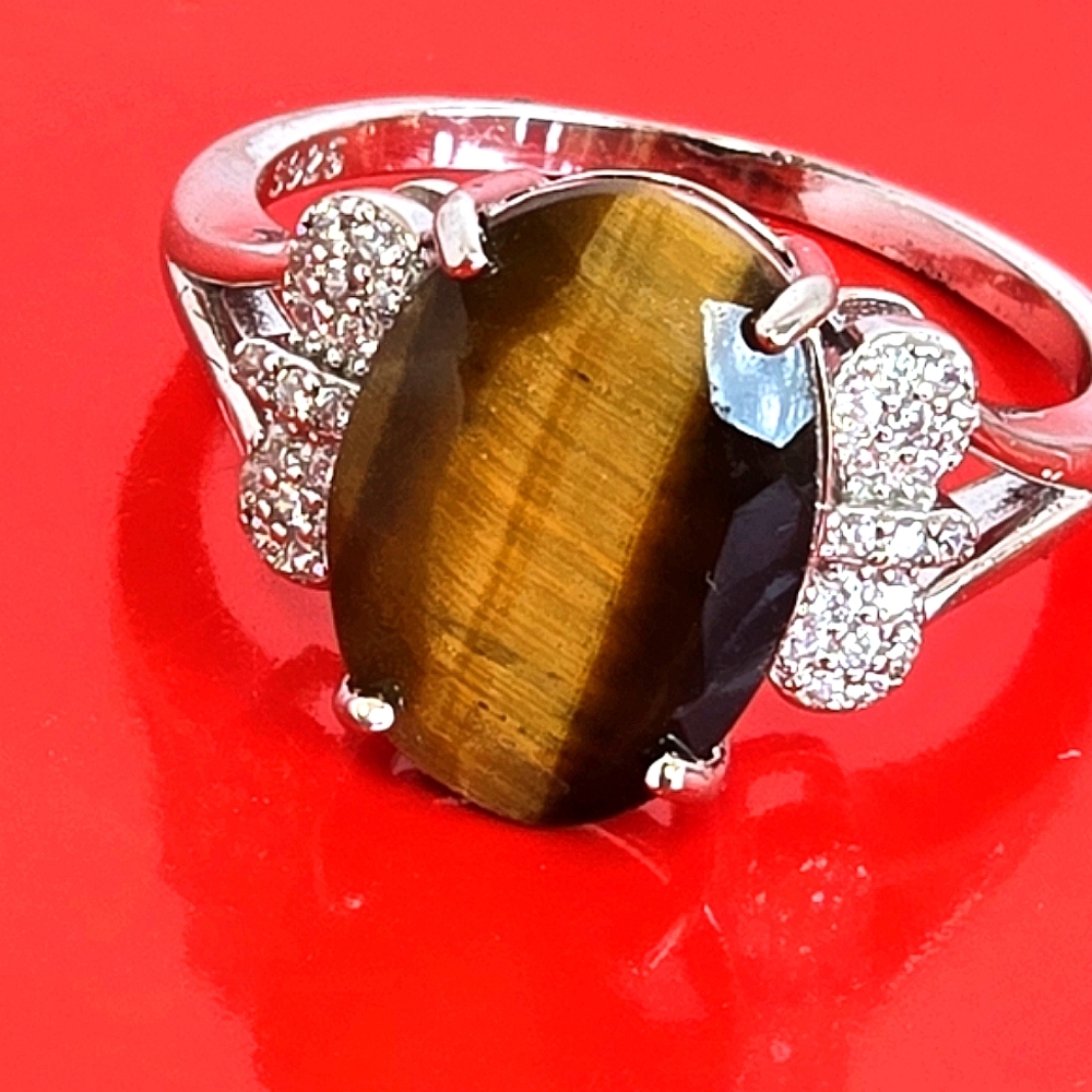 925 Sterling Silver Ring with Natural Tiger's Eye Gemstone & Cz